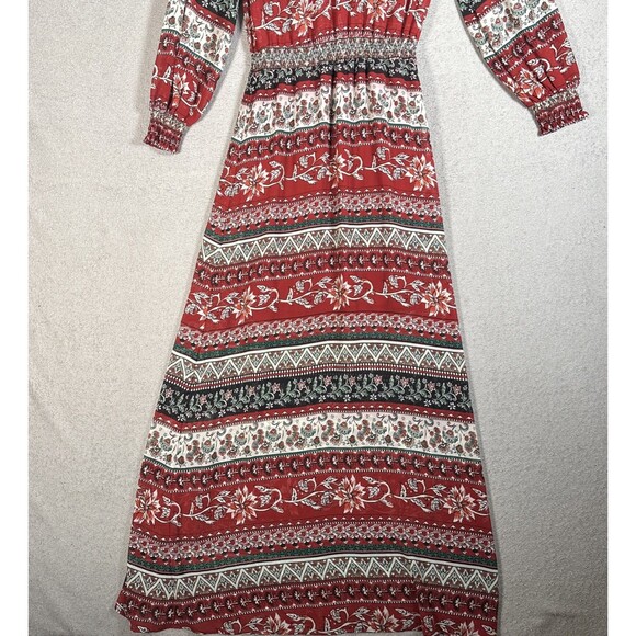 H&M Conscious Womens Maxi Dress 8 Chiffon Red Floral Sheer Smocked Boho Key Hole - Picture 3 of 16